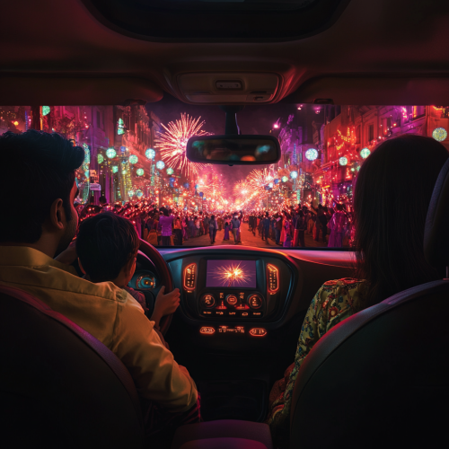 Family enjoys Diwali festivities from car's front view