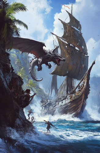 Fantasy artwork of dragon attacking pirate ship. Fantasy artwork of dragon attacking pirate ship.