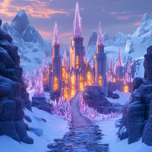 Fantasy castle in mountains with crystal towers