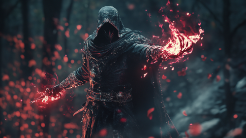 Fantasy character with weapon casting magic in battle.