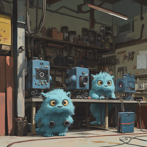 Fantasy gremlin mechanics fix cinema cameras in quirky shop
