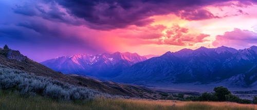 Fantasy mountain range with purple sunset glow