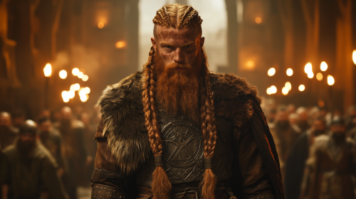 Fantasy movie still: tall viking hunter in crowd.