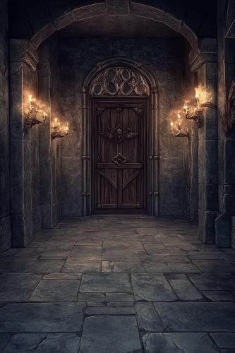 Fantasy room with torches, grey stones, wooden door.