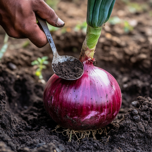 Farmer removes soil around big red onion with spoon. Farmer removes soil around big red onion with spoon.