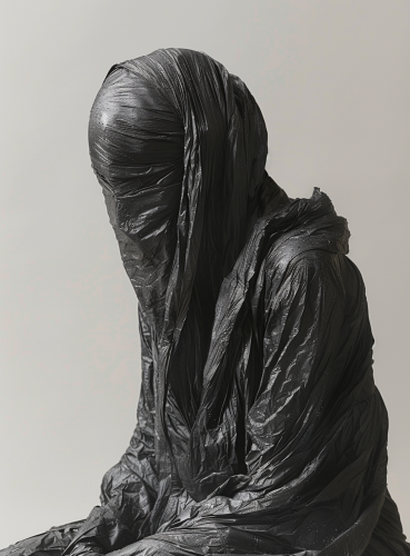 Fashion Model in Black Dress Wrapped in Plastic