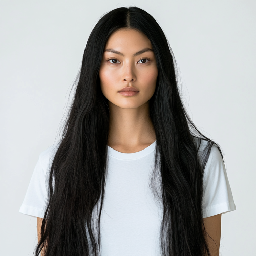 Fashion photo: black-haired model in white crewneck