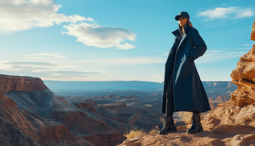 Fashion shoot: Female lawyer in winter coat at Grand Canyon