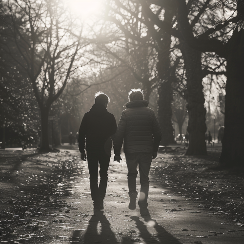 Father and Son Walking in Park, Morning Sunlight