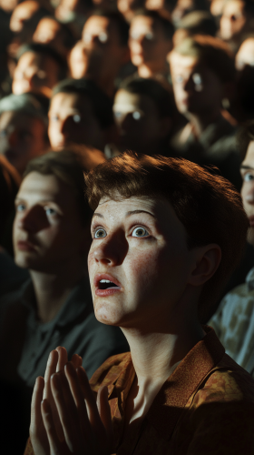 Fearful faces in crowd, clapping during Stalin's speech.