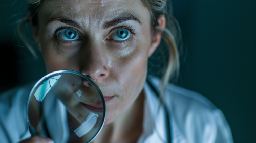 Female Doctor Examining Through Magnifying Glass