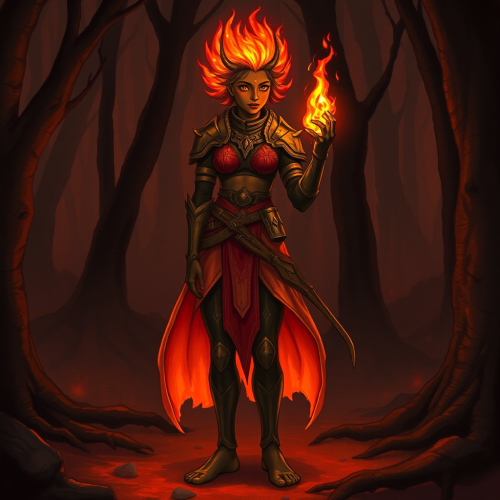 Female Fire Genasi in Medium Armor Holding Flame Female Fire Genasi in Medium Armor Holding Flame