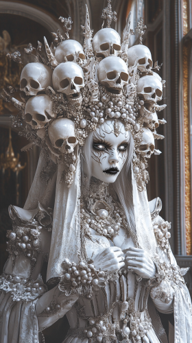 Female demon made of cat skulls in ivory cathedral.
