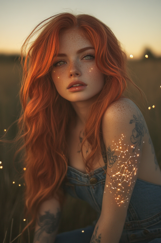 Female half elf druid with glowing constellation tattoos.