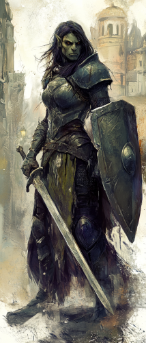 Female half-orc fighter, sword, shield, heavy armor, ethereal.