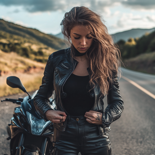 Female motorcyclist dressing with motorcycle on road mockup  Female motorcyclist dressing with motorcycle on road mockup