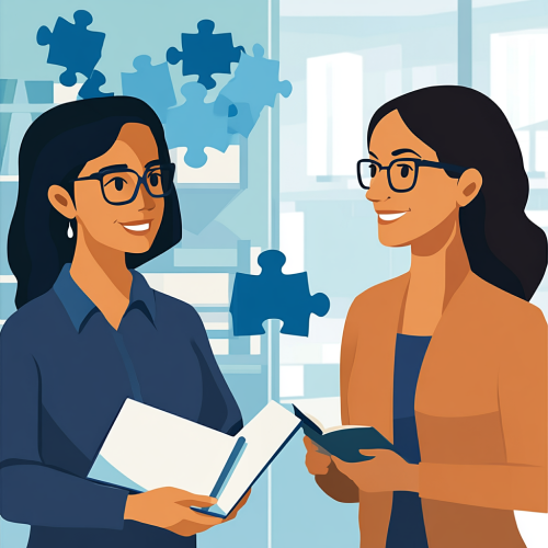 Female psychologist, woman, glasses, smiling, notebook, office, vivid, lifelike, blue puzzle pieces.
