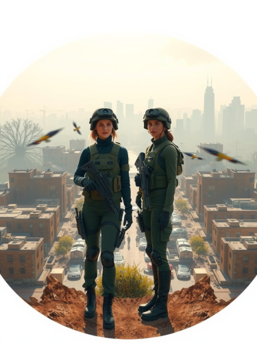 Female soldiers in front of destroyed city.