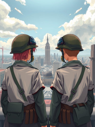 Female soldiers stand in destroyed city (VR drawing).