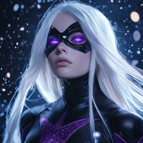 Female superhero in black and purple costume, no mask 