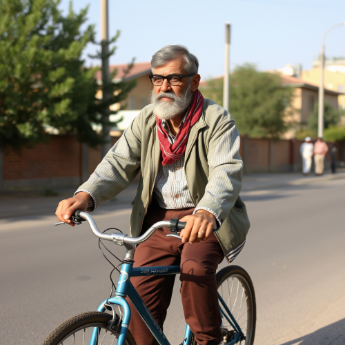 Ferdowsi Riding a Bicycle in Iranian Local Clothes