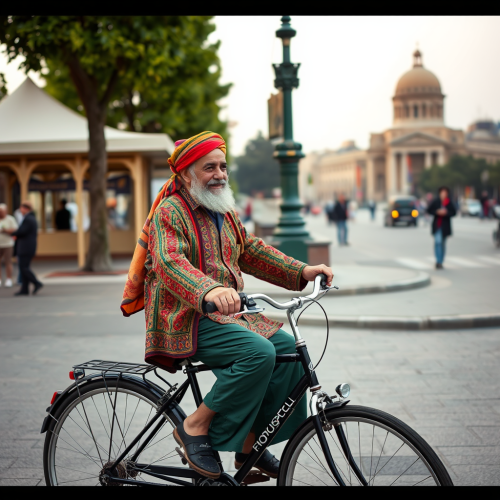 Ferdowsi Riding a Bicycle in Tehran's Azadi Square