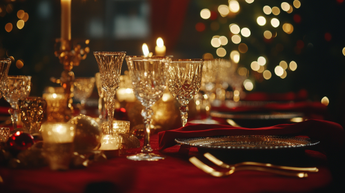 Festive dining table with red tablecloth and candles