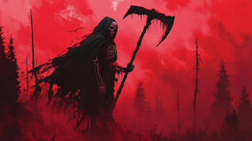 Fierce skeleton in black cape wields scythe.