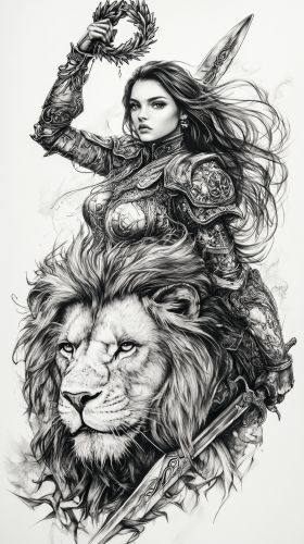 Fierce warrior with lion and laurel wreath tattoo