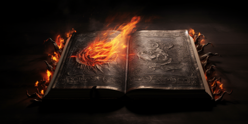 Fiery Flames Surround Old Silver-Embossed Black Book Fiery Flames Surround Old Silver-Embossed Black Book