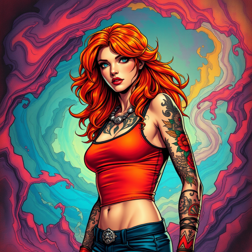 Fiery Rebel Woman in Vibrant Graphic Novel Setting