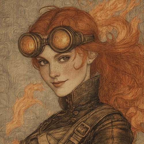 Fiery Red-Headed Pyromancer in Leather Armor, Goggles - Stock Photo