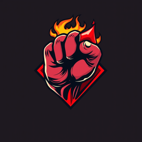 Fiery fist holds red diamond in logo sketch.