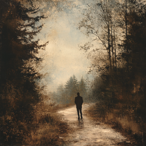 Figure looks back in nostalgic setting, reflecting on past.