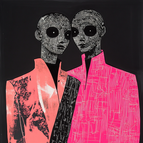 Figures in Neon Pink and Futuristic Attire