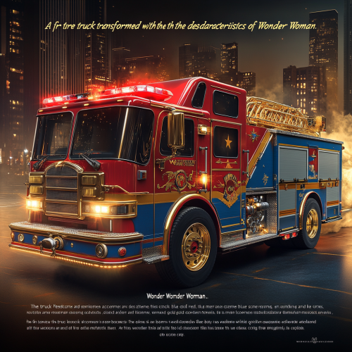 Fire truck inspired by Wonder Woman, glowing golden accents.