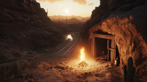 First person at campfire near mining cavern at dawn.