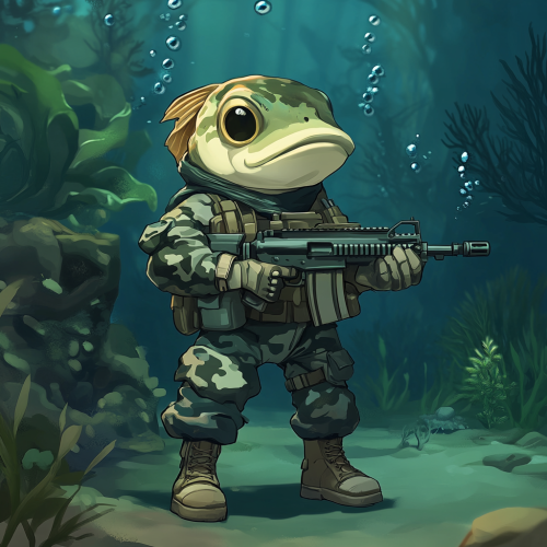 Fish in military uniform with rifle underwater scene. Fish in military uniform with rifle underwater scene.