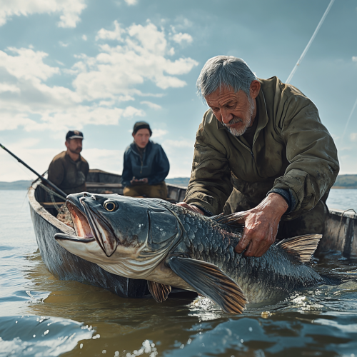 Fisherman in 50s catching catfish in Kazakhstan. Two observers.