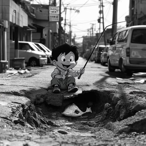 Fishing boy in Disney style sits in road pothole