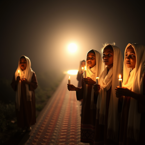 Five Ethiopian girls holding candles towards bright future.