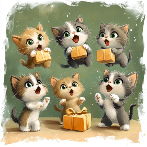 Five fluffy kittens react to adorable gifts