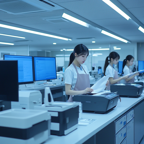 Five modern scanning machines on office desk