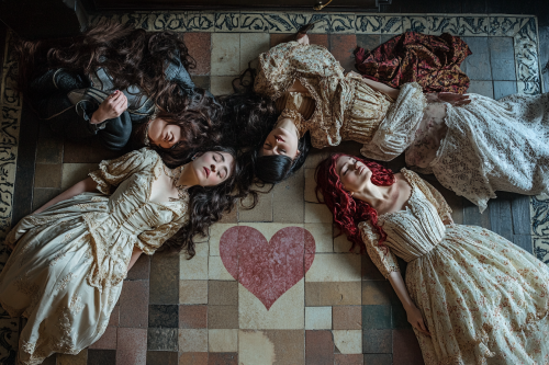 Five women in old-fashioned dresses on heart-printed floor