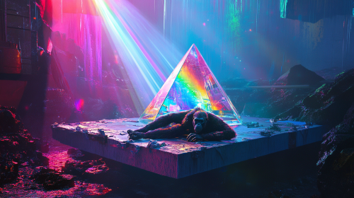 Floating platform with dead cyborg ape and prism