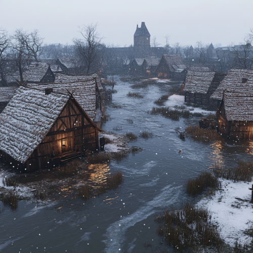 Flooded medieval village at snowy winter night