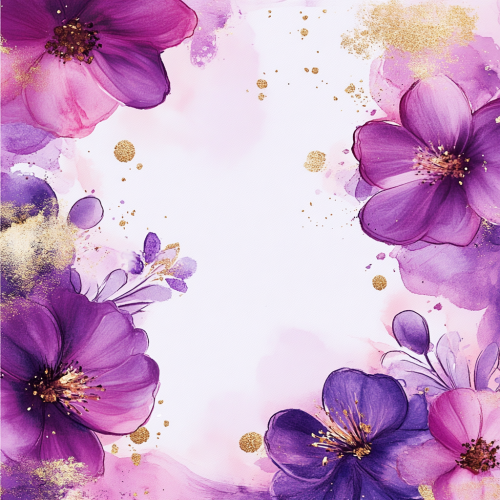 Floral design with purple, pink gradient and gold accents.