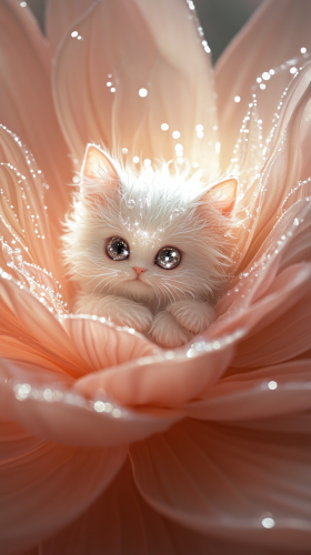 Fluffy fairy cat in pink flower glow