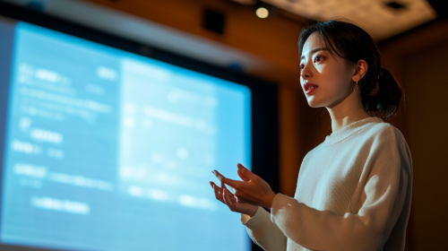 Focused Korean woman giving lecture on stage with screen.