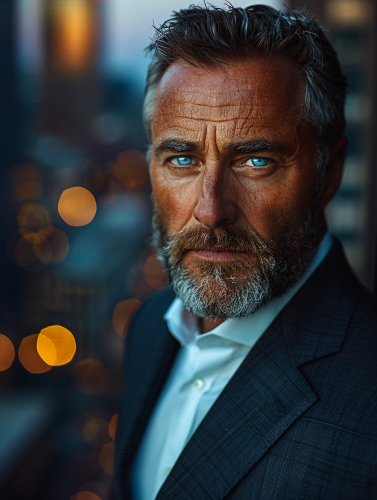Focused man in dark suit with intense gaze